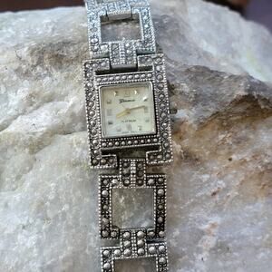 Vintage Geneva Platinum Watch Marcasite Style Deco Bracelet Japan Quartz Silver